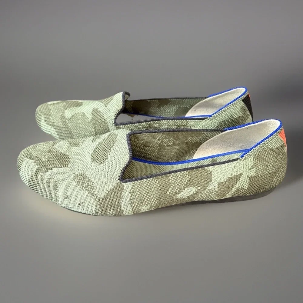 Rothy's Green‎ Camo Knit Round Toe Flats Shoes Women 7.5 Orange Black Stripe